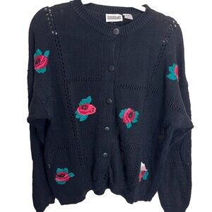 Vintage Women’s Large Cardigan Sweater Open Knit Crochet Flowers Retro Grandma